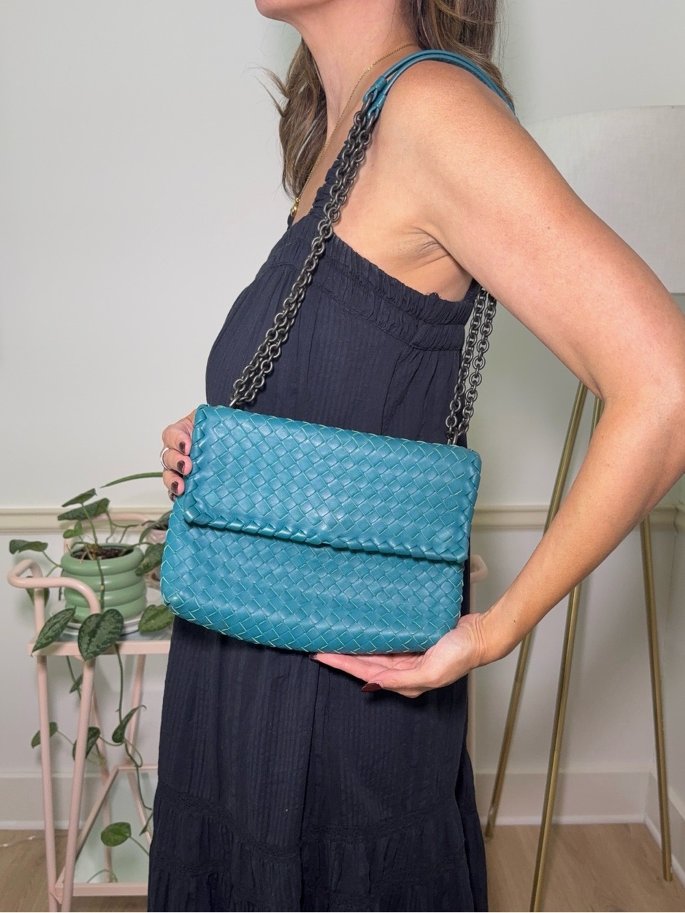 Bottega Veneta Crossbody Teal Leather Shoulder Olimpia Intrecciato Bag AUTHENTIC